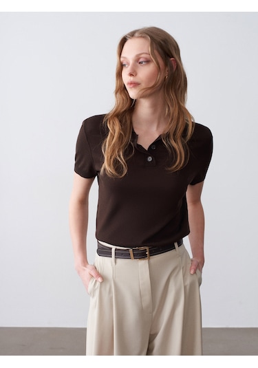 Dilvin 10871 Lyocell Karışımlı Polo Yaka Bluz-koyu Kahve