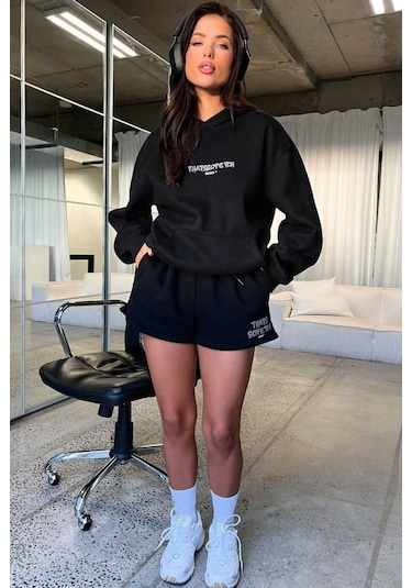 Thatsofetch Series 7 Sweatshirt - Siyah Baskılı Oversize Kapüşonlu Siyah