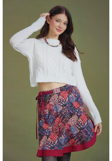 Kırmızı Desenli Anvelop Kısa Etek Kırmızı