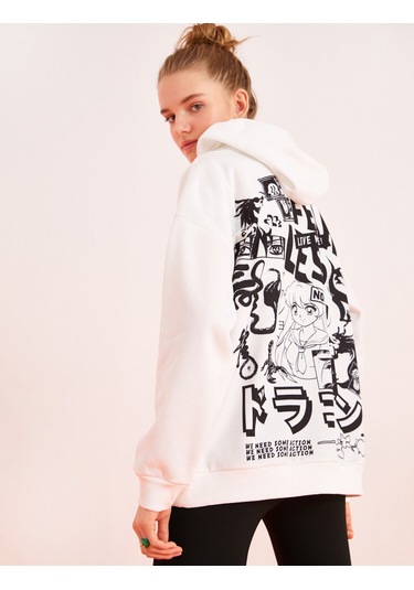 Koton Kapüşonlu Baskılı Sweatshirt Ekru 2sal10463ık