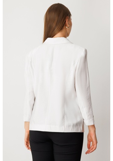 Ekol Şerit Taş Detaylı Duble Kol Ceket Ekru