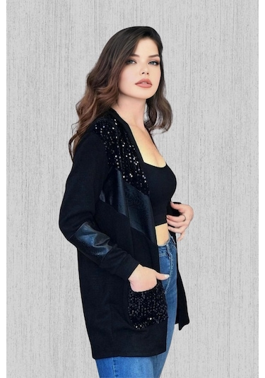Pul Ve Suni Deri Detaylı Hırka Siyah
