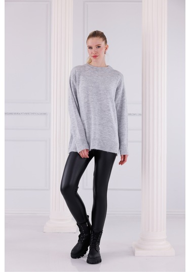 Bisiklet Yaka Oversize Basic Triko Kazak Gri