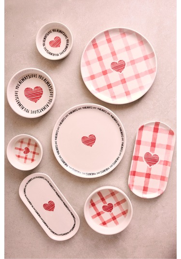 Hearts 14 Parça 6 Kişilik Kalpli Seramik Stackable Kahvaltı Seti Sunum Tabağı Cokrenklı Pembe