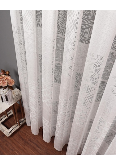 Evdepo Home Patchwork Desen Tül Perde 1/2 Seyrek Pile - Tek Kanat - Ekru
