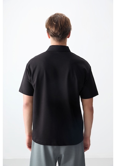 Tommy Life Siyah Pamuklu Kalın Yumuşak Dokulu Polo Yaka Oversize Fit Basic Erkek T- Shirt - 88382 Siyah