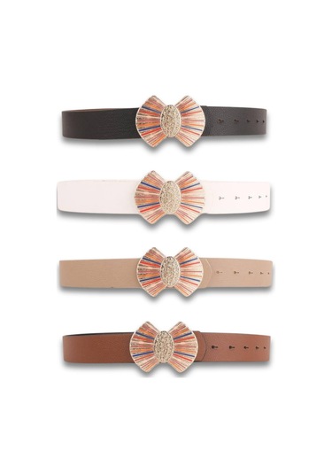 Vos Versa Renkli Mineli Gold Tokalı Siyah İnce Kadın Kemeri Vosdk0101101 Beyaz