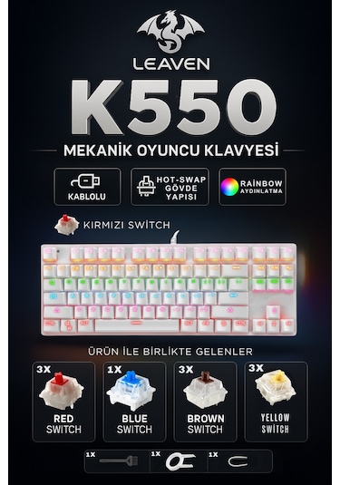 K550 Mekanik Oyuncu Klavyesi-değiştirilebilir Switch-rainbow Rgb Aydınlatma-87 Tuş
