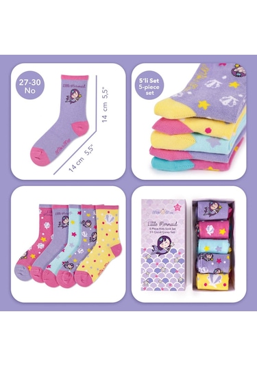 Milk&moo Küçük Deniz Kızı Çocuk 5'li Çorap Seti, Beden 27-30, Yumuşak Ve Cilt Dostu Mor - Pembe