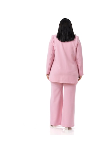 Büyük Beden Çizgili Pembe Ceket Pantolon İkili Takım Pembe
