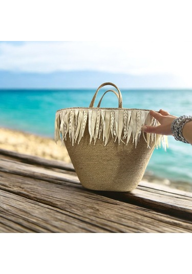 Hasır Çanta, Plaj Çantası, Tasarım Çanta, Ekru Kalın Püsküllü El Çantası Kahverengi - Açık Bej