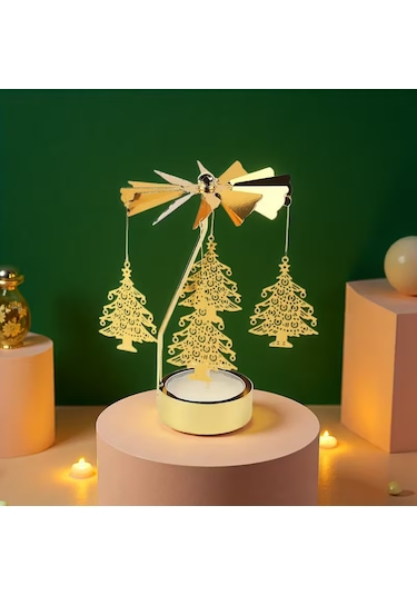 Çam Ağacı Temalı Tealight Mumluk Dekoratif Masa Üstü Aksesuar Gold