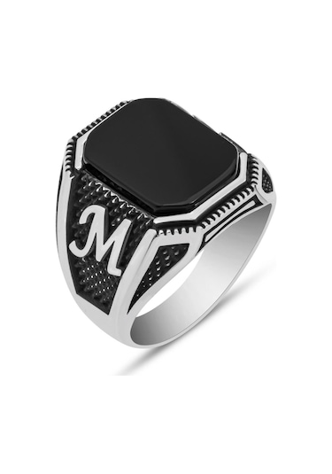 Harfli Oniks Taşlı 925 Gümüş Erkek Yüzük Beyaz