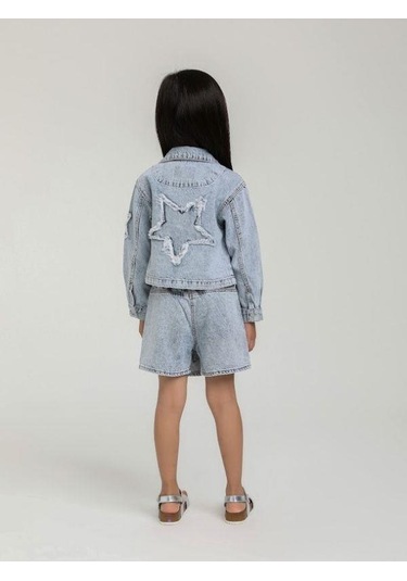 Kız Çocuk Yıldız İşlemeli Cepli Kot Ceket-15648 Mavi