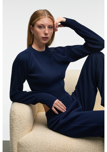 Grımelange Marıposa Kadın Yuvarlak Yaka Çizgi Desenli Crop Geniş Paça Triko Lacivert Alt-üst Takım Lacivert