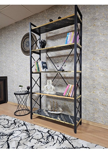 Siyah Boyalı Kitaplık - 5 Raflı Suntalem Lüks Kitaplık Luanda Gol Çok Renkli