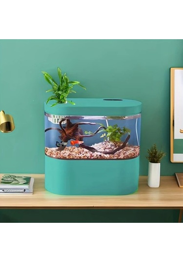 Xuweiwei Led Işıklı Dahili Su Pompası Mini Masaüstü Akvaryum Camgöbeği Beyaz Pembe Siyah Turkuaz Reçine Balık Tankı Ev Dekoru