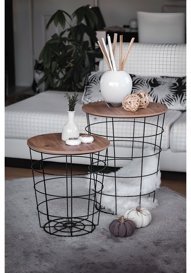 Tel Saklama Sepetli Zigon Metal Orta Sehpa 2’li