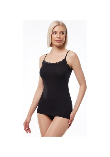 Malabadi Kadın Siyah 2 Li Paket Ayarlanabilir Ip Askılı Güpürlü Modal Atlet 141 Siyah