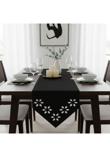1 Adet Deri Runner-40x140 Cm-çiçek Desenli Runner Siyah