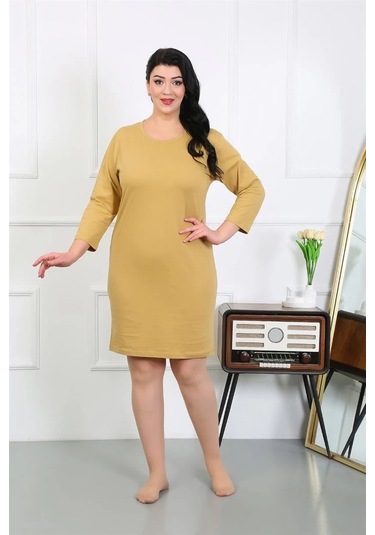 Giyim Kadın Büyük Beden Penye Gecelik Ev Elbisesi Hardal Hardal