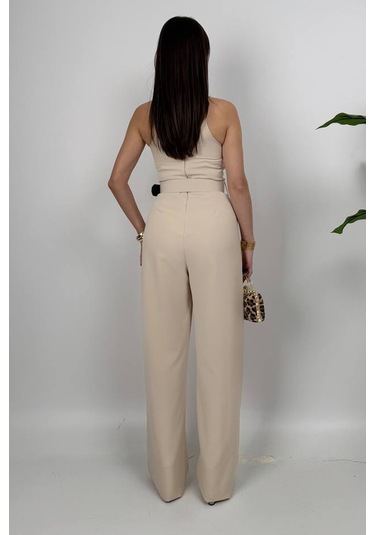 Amber Kadın Kemer Detaylı Askılı Bol Paça Taş Tulum Rahat Şık Yazlık Kombin Taş