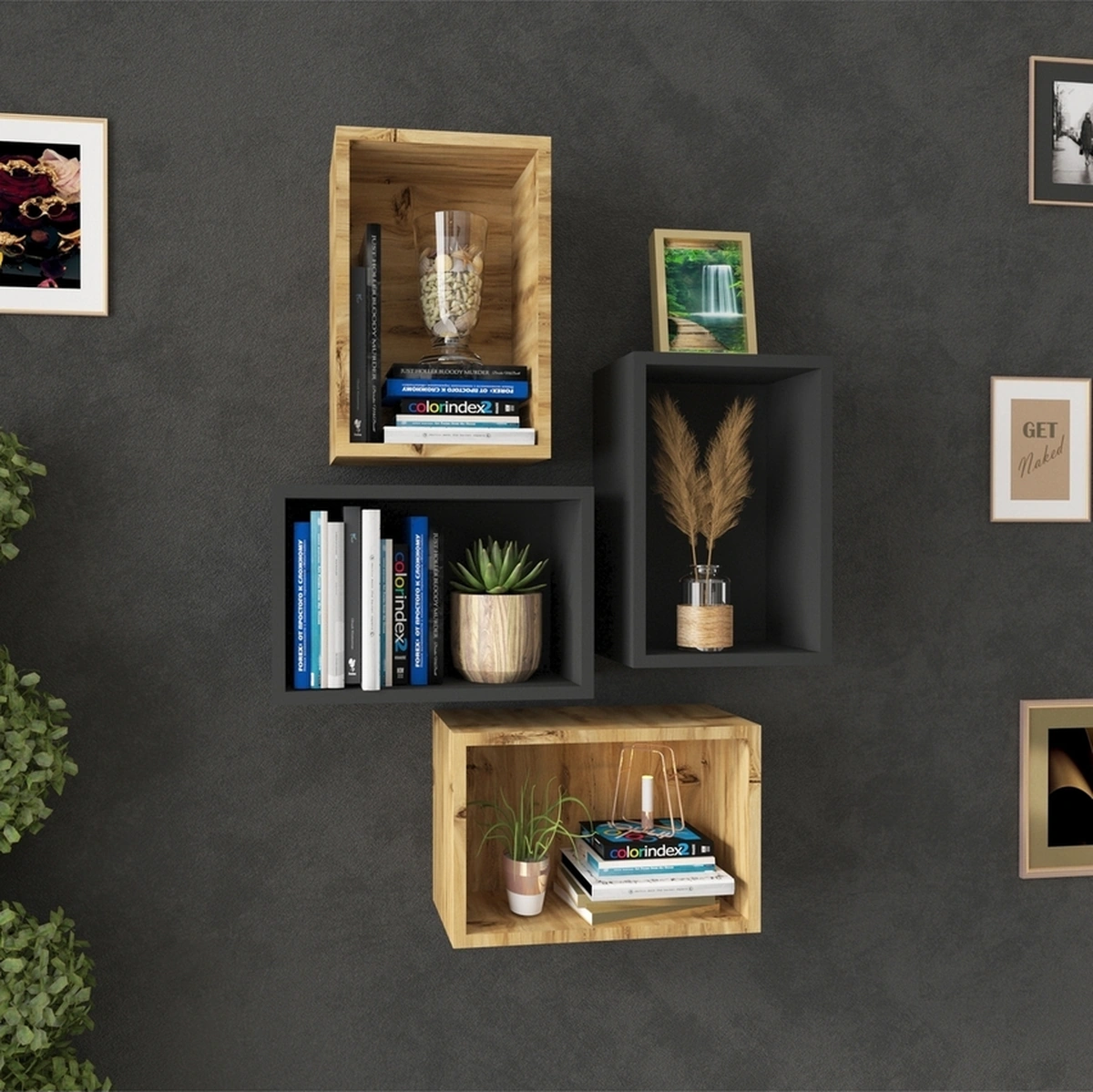 Kitaplık Dikdörtgen Duvar Rafı Arkalıklı Mobilya Takım Antrasit Atlantik Çam Atlantik Çam Antrasit