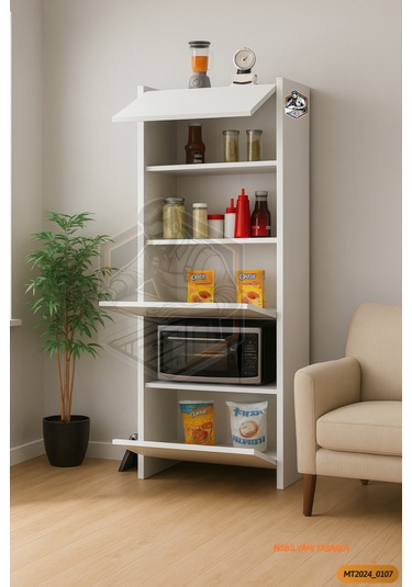 Tamamı Mdf Çok Amaçlı 3 Kapaklı Açık Raflı Mini Fırın Dolabı