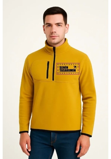 Defymoda Ön Polar Kazak Dik Yaka - Sarı