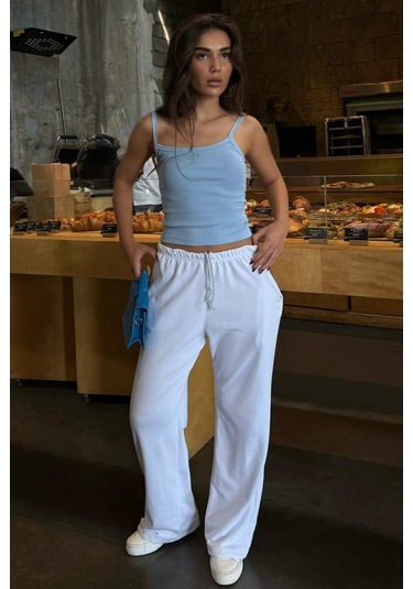 Beyaz Geniş Paça Basic Kadın Eşofman Altı Mg2553 Beyaz