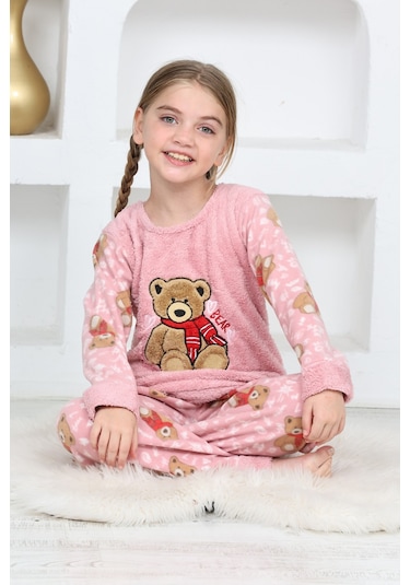 Kız Çocuk Welsoft Kumaş-göz Bantlı Ayıcık Baskılı Pijama Takımı 12293 Gül Kurusu