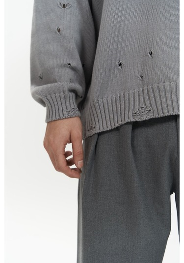 Alec Fitilli Yırtık Detay Füme Erkek Triko Kazak Füme