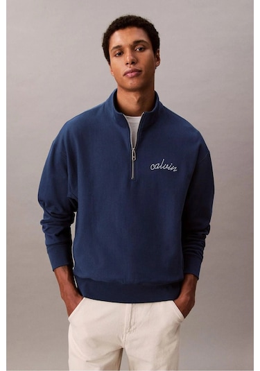 Erkek Yarım Fermuarlı Logolu Sweatshirt - Mavi-8783 Blue Jean