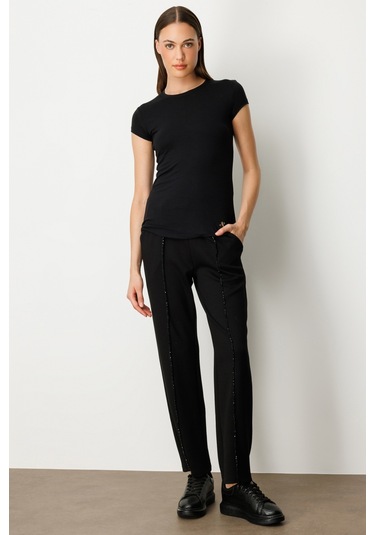 On Kadın Sıfır Yaka Ay Kol Basic Bluz 61302 Siyah Siyah