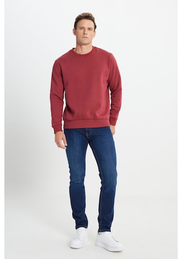 AC&Co / Altınyıldız Classics Erkek Bordo Standart Fit Normal Kesim İçi Polarlı Bisiklet Yaka Sweatshirt Bordo