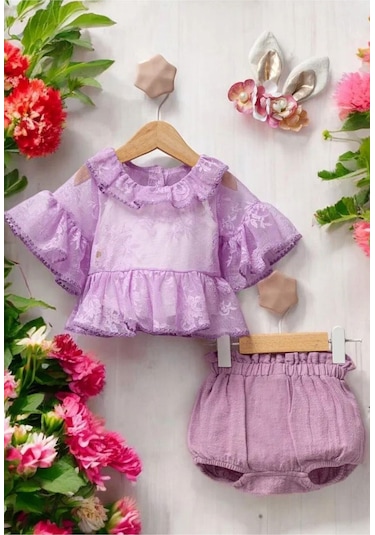 Cantoy Kız Bebek Tül Detaylı Şortlu Taçlı 3'lü Takım Mor