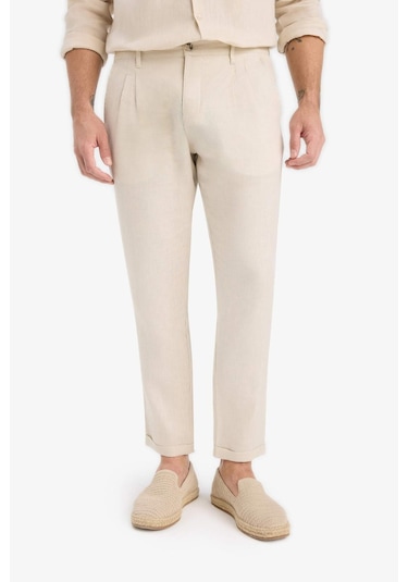 Defacto %100 Keten Normal Kesim Crop Duble Paça Yazlık Kumaş Pantolon C1826ax25smbg106 Bej