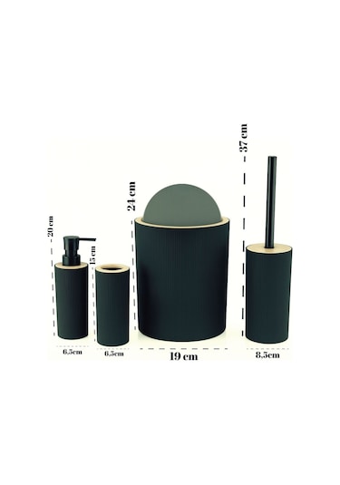 Quardi Banyo Seti Modern Çizgili - 7 Litre Kova 4 Parça Banyo Çöp Kovası Seti Siyah