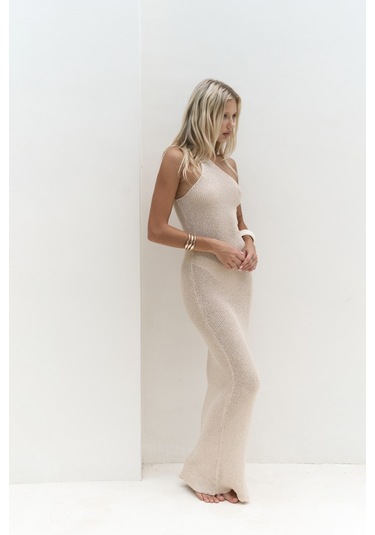Kamalas Asimetrik Triko Bej Uzun Elbise Bej