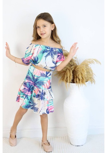 Carmen Yaka Madonna Desenli Etekli Takım - Bahar Esintisi Palmiye Adası Etekli Takım Çok Renkli