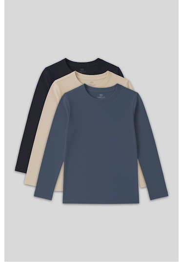 Standart Fit Basic O Yaka 3lü Paket Lacivert-bej-koyu Mavi Unisex Çocuk T-shirt - 11329 Lacivert - Beyaz