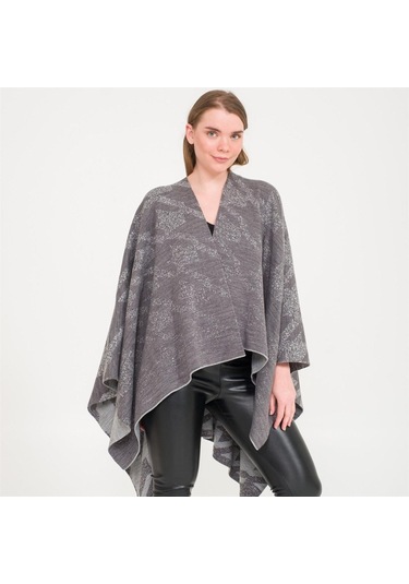 Kaz Ayağı Desen Çift Taraflı Triko Kadın Şal Panço-Antrasit-140X140 Antrasit