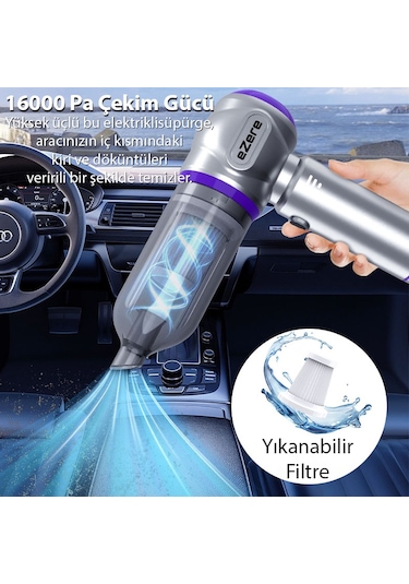 Ezere 16000PA Güçlü Portatif Taşınabilir Vakumlu Kablosuz Üflemeli Mini Araç Süpürgesi