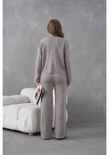 Kadın Bisiklet Yaka Düğme Kapama Kaşkorse Ceket Pantolon İkili Triko Takım K.vizon