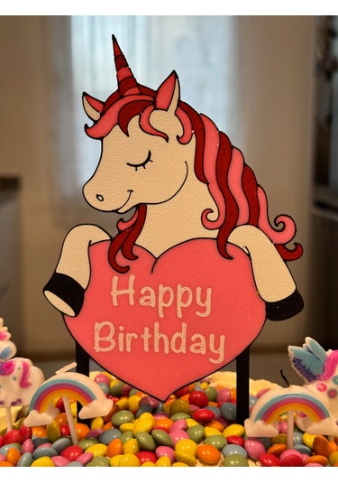 Unicorn Doğum Günü Pasta Süsü - Happy Birthday Yazılı Kız Çocuk