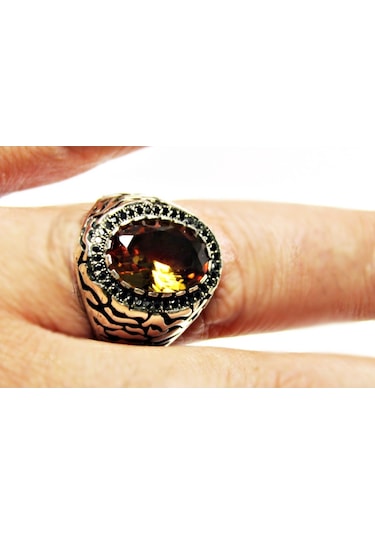 Zultanit Oval Taşlı Yanları Siyah Taşlı Gümüş Erkek Yüzük