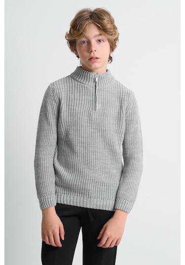 Alexandergardı Dik Yaka Fermuarlı Erkek Çocuk Kazak C23-7108 Gri