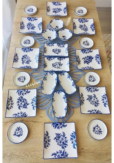 Jasmine Pattern 8 Kişilik 24 Parça Tea Plate Kahvaltı Takımı Mavi