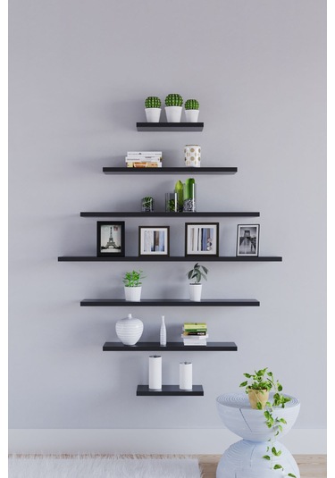 Yankı-BYEG 7li Mat Siyah Mdf Duvar Rafı Gizli Bağlantı Kitaplık