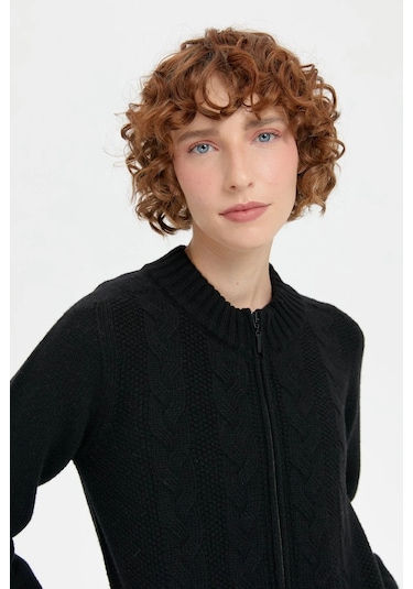 Desen Triko Kadın Dik Yaka Dikişsiz Önü Saç Örgülü Yün Hırka 24268 Siyah Siyah